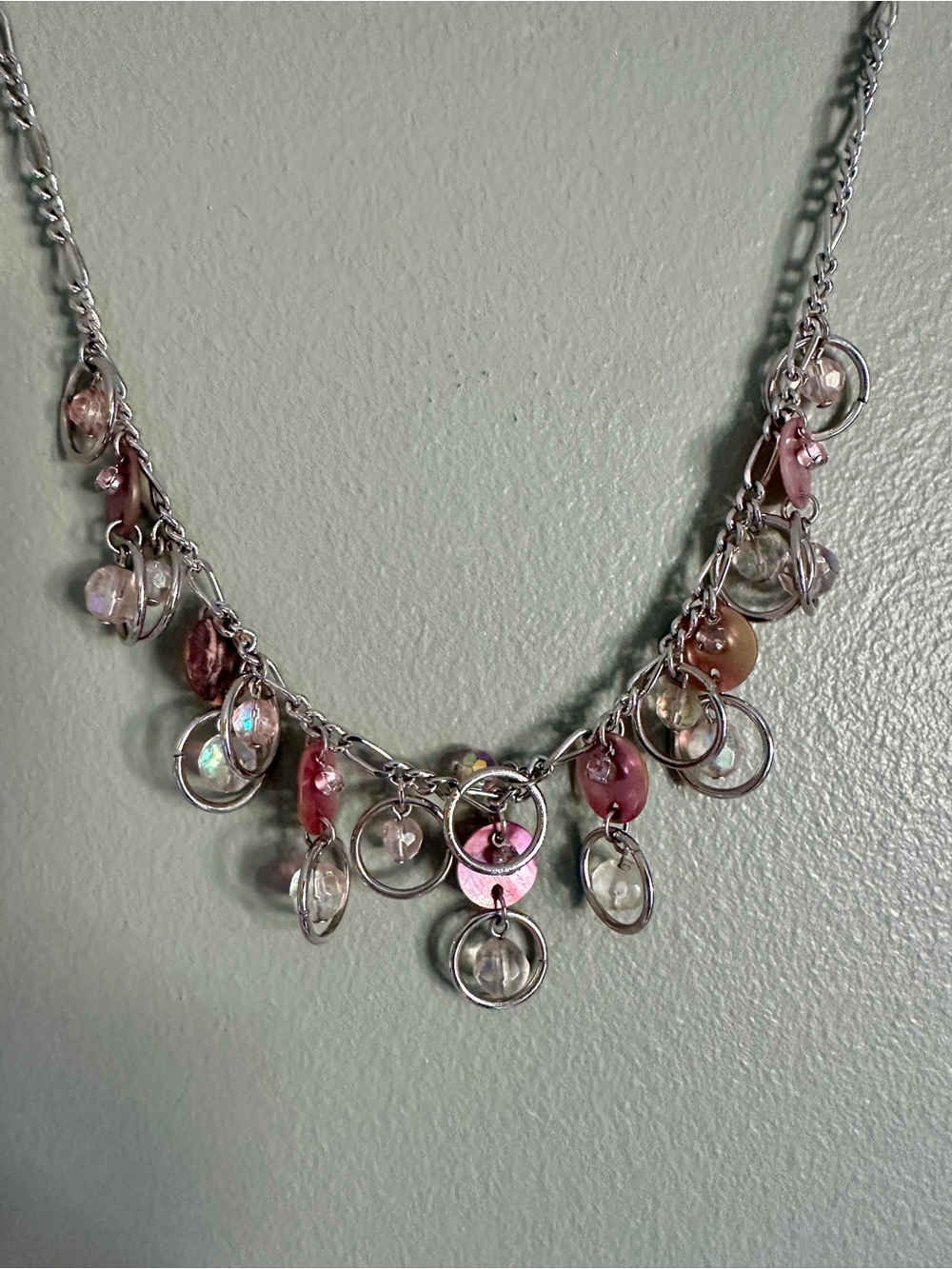 Cookie Lee Silver Chain Necklace with Pink and Clear Dangle Beads